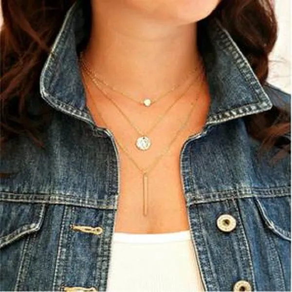 Hot Fashion Alloy Fatima Hand 3 Layer Chain Bar Necklace Beads And Long Strip Pendant Jewelry For Girls And Best Sweet Gifts