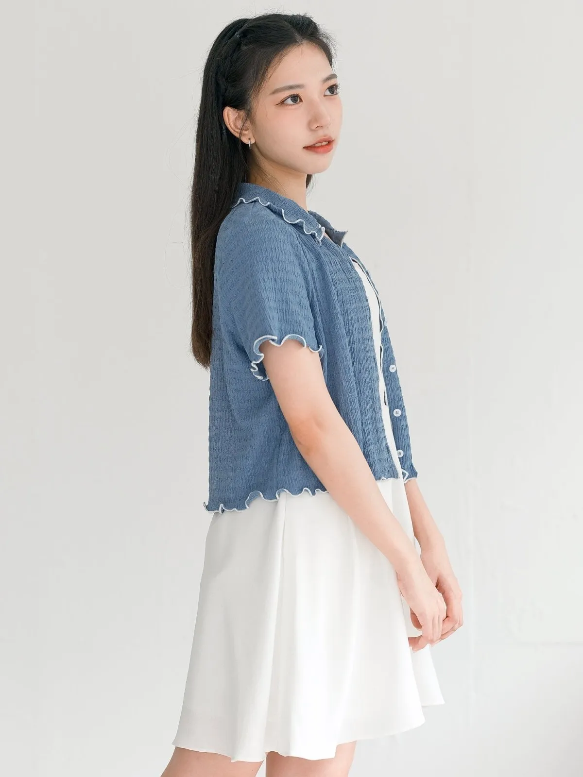Landa Collared Wrinkle Ruffle Top