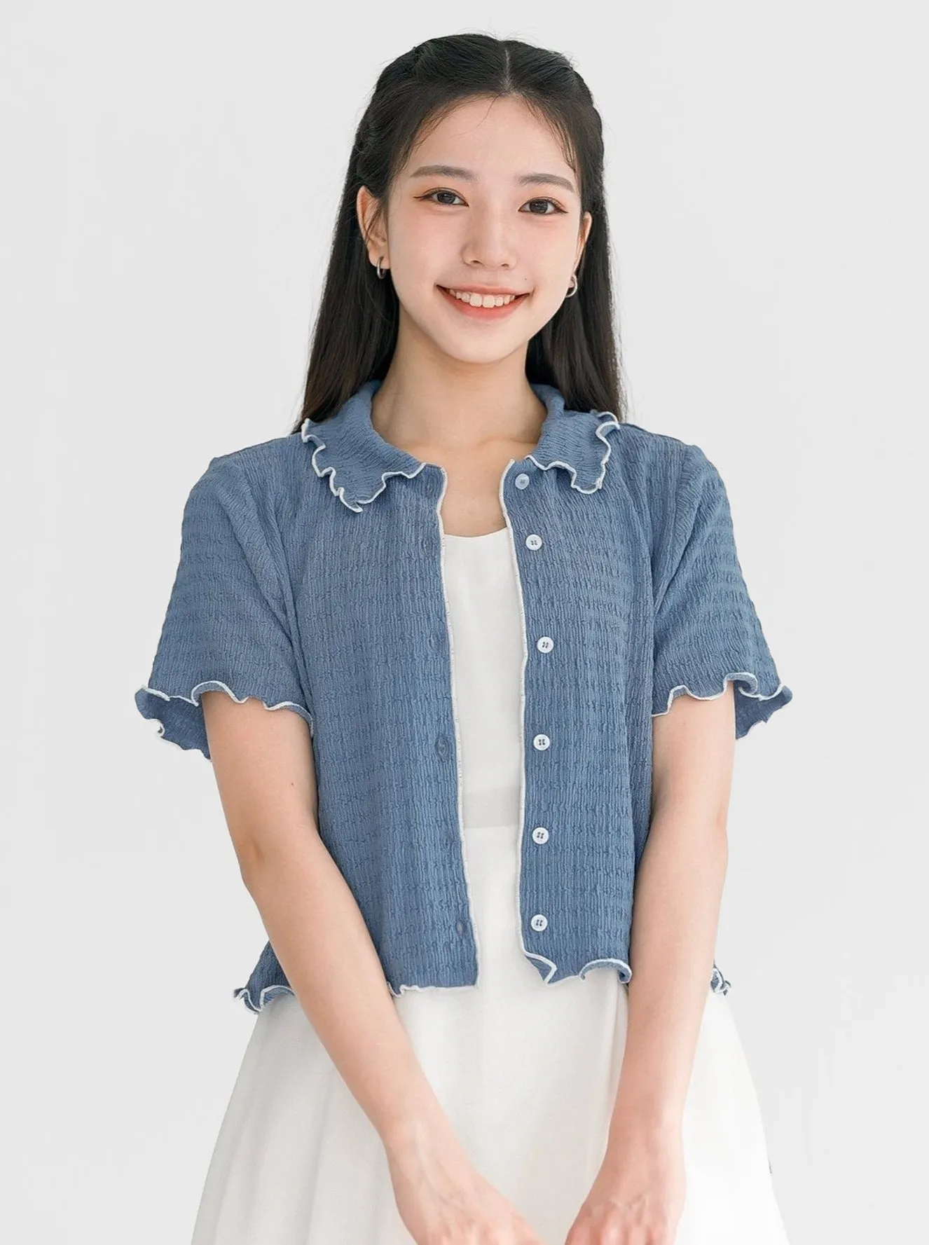 Landa Collared Wrinkle Ruffle Top