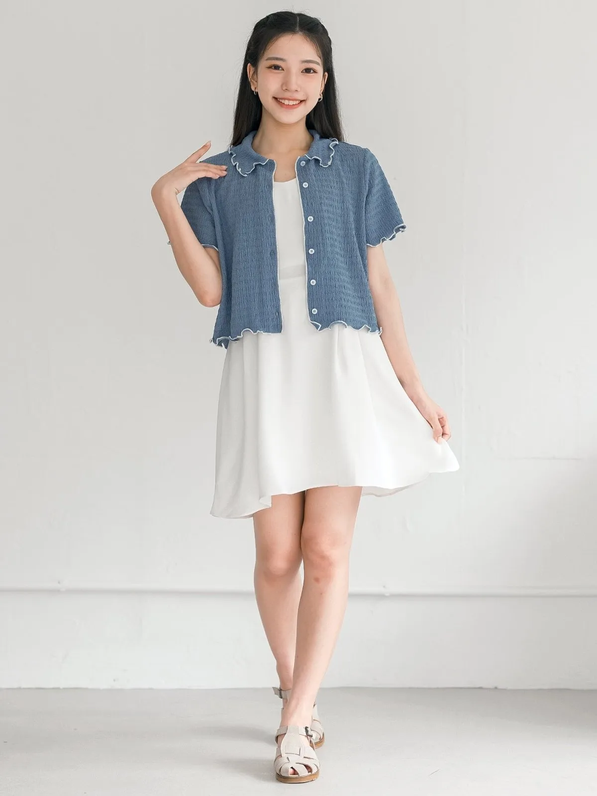 Landa Collared Wrinkle Ruffle Top