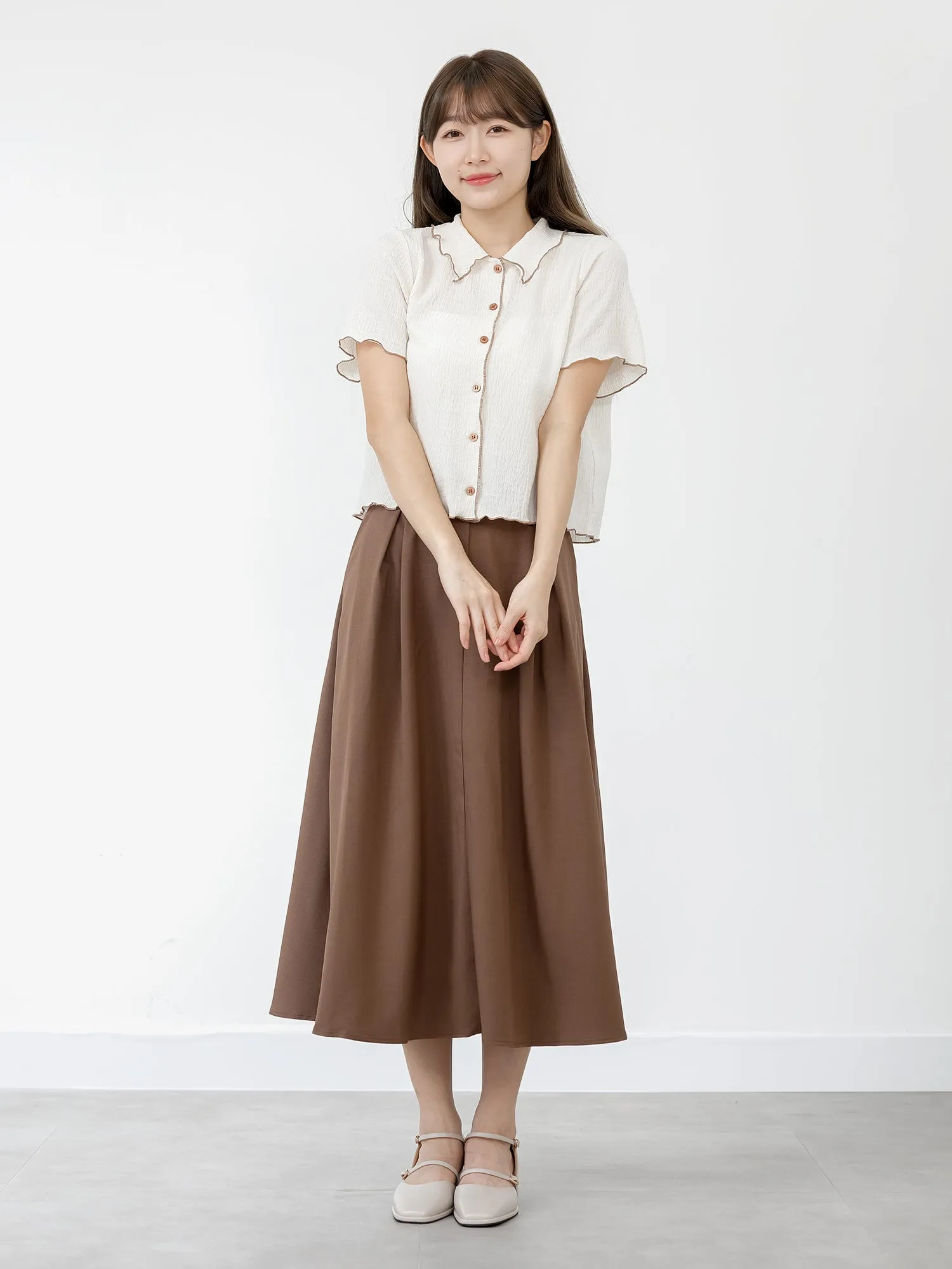 Landa Collared Wrinkle Ruffle Top