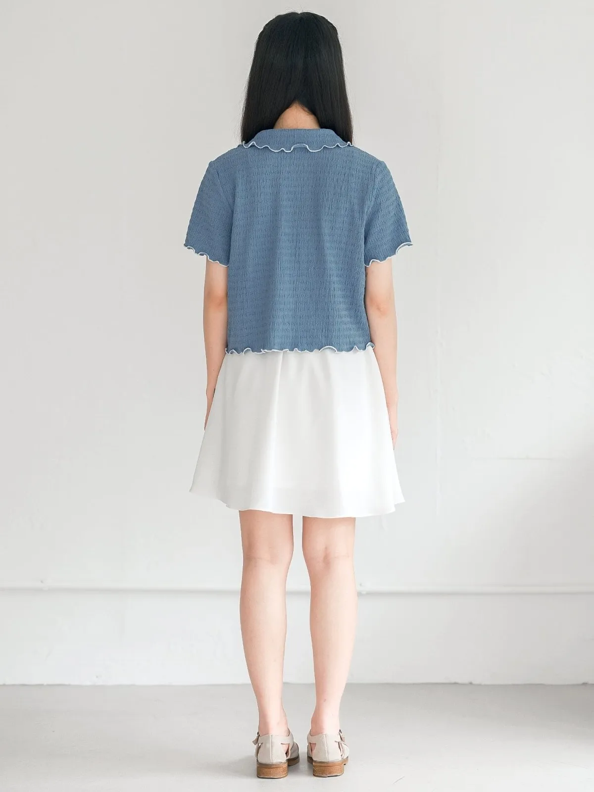 Landa Collared Wrinkle Ruffle Top