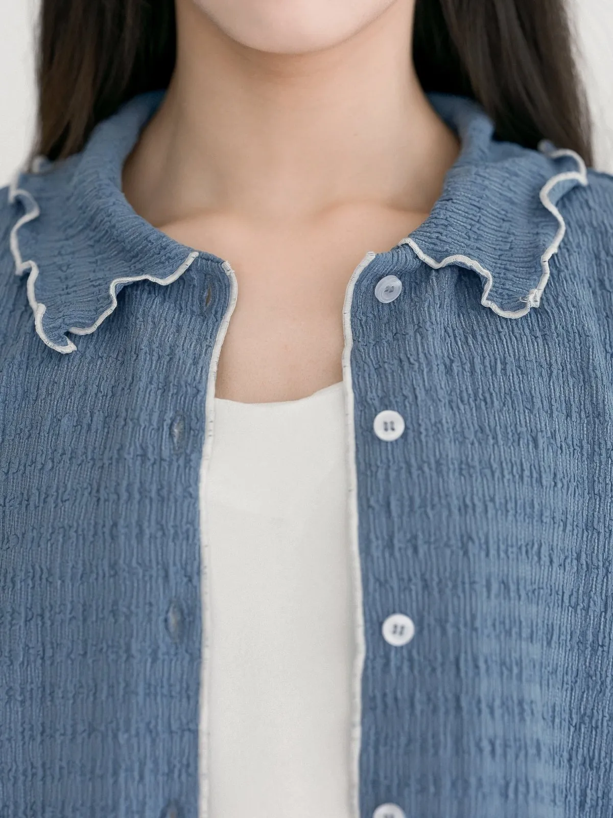 Landa Collared Wrinkle Ruffle Top