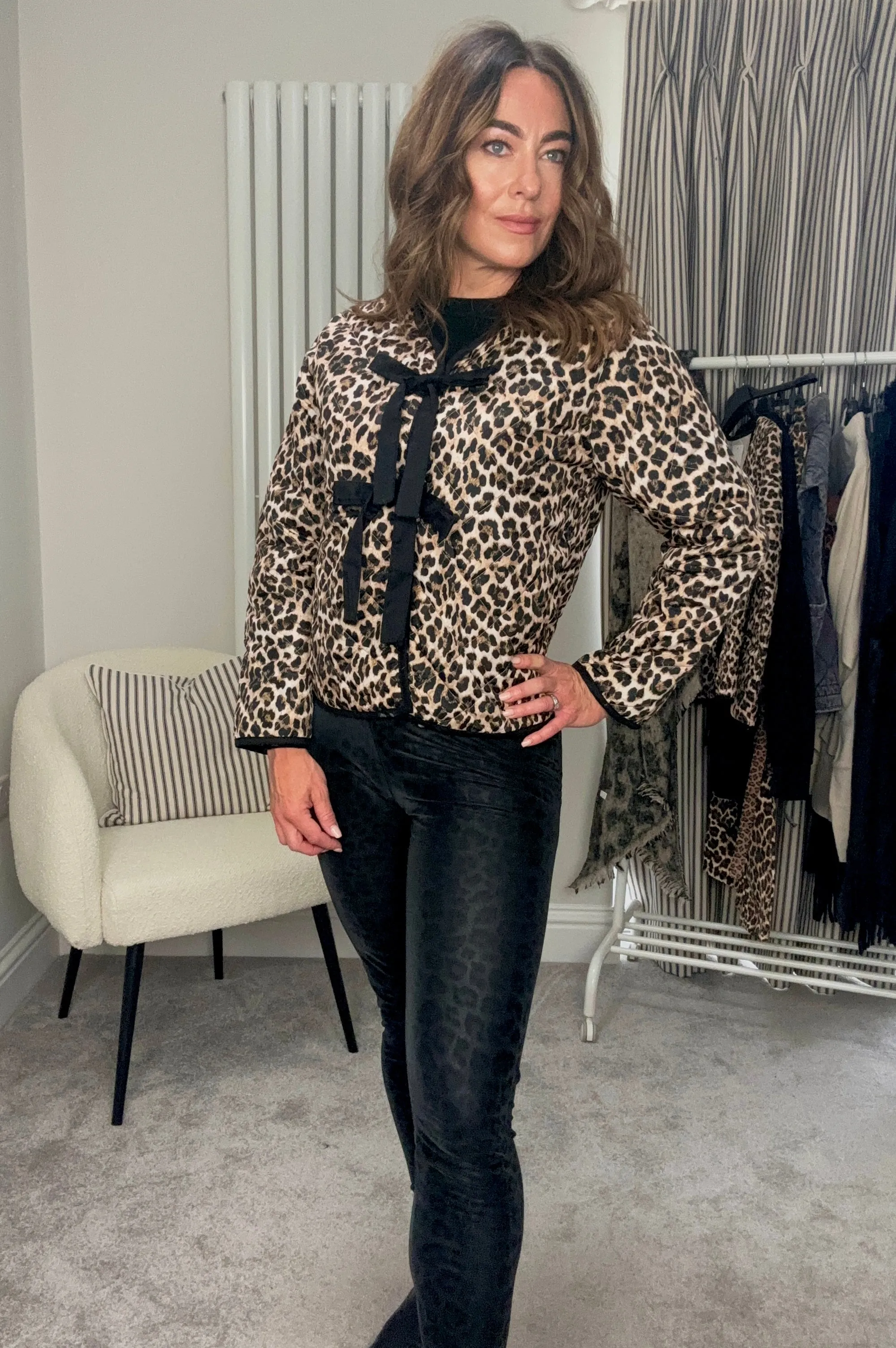 LEOPARD RIBBON TIE QUILTED JACKET