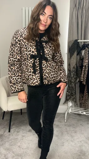 LEOPARD RIBBON TIE QUILTED JACKET