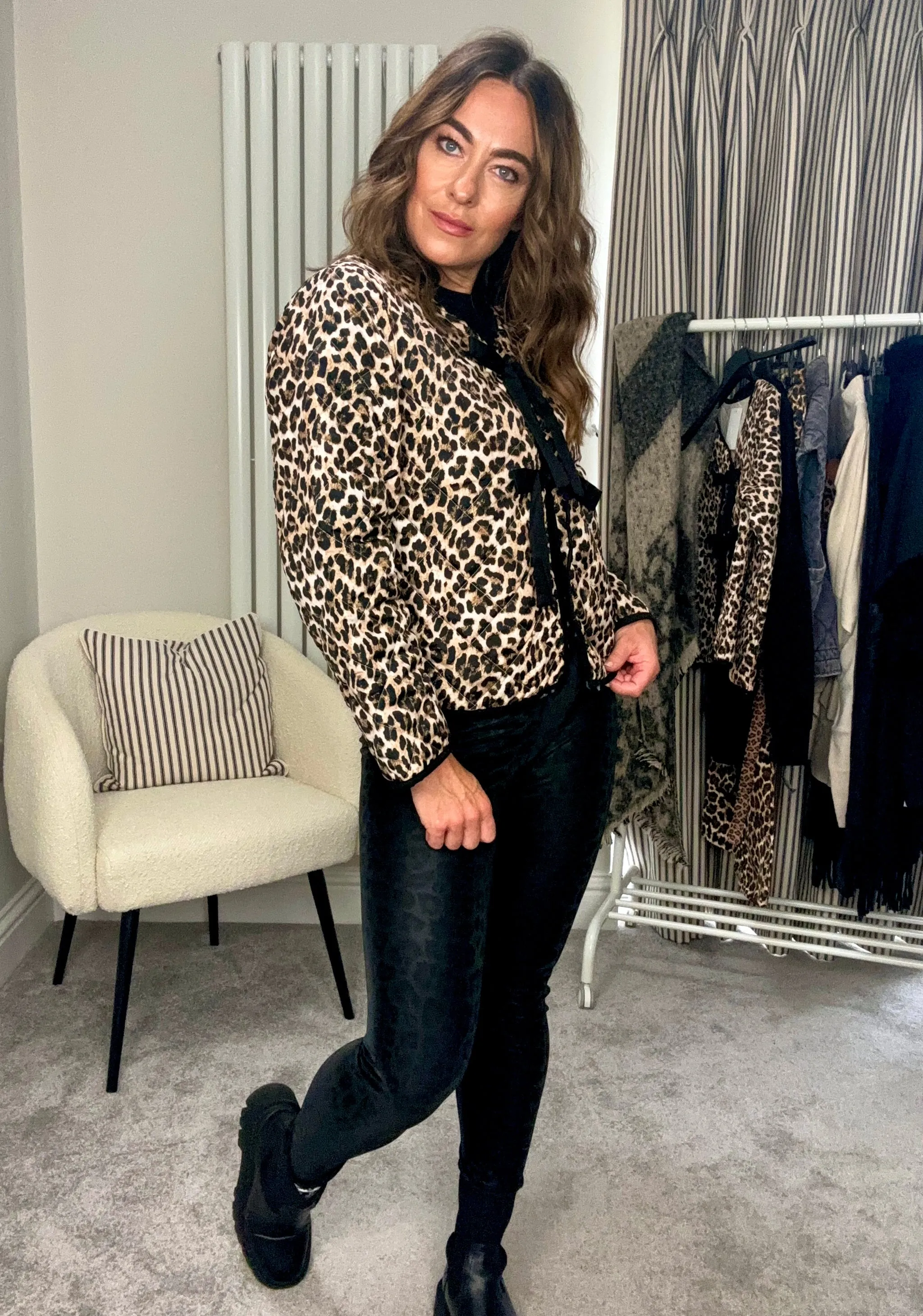 LEOPARD RIBBON TIE QUILTED JACKET