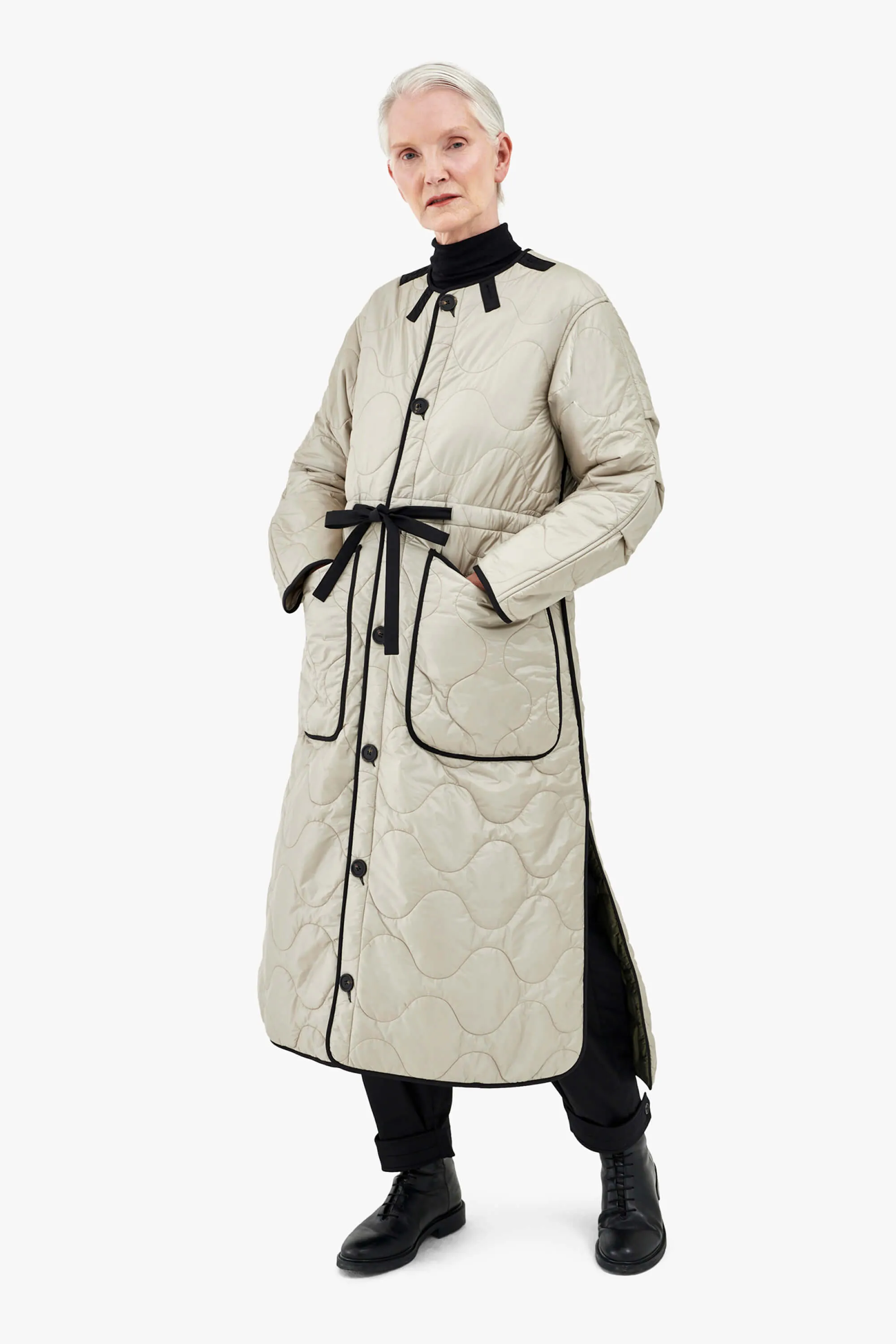 Long Patchwork Quilt Jacket - Anthracite & Mineral Green / Dove Grey
