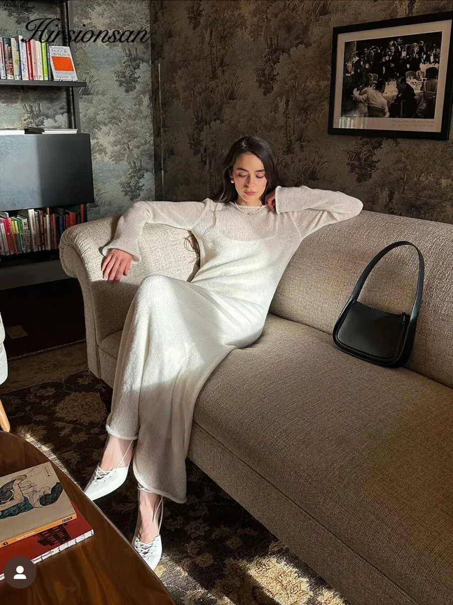 LVSANW Hirsionsan Spring Autumn O-Neck Elastic Knit Long Dresses Women 2024 Elegant Chic Soft Lady Hollowing Sweater Dresses Femme New