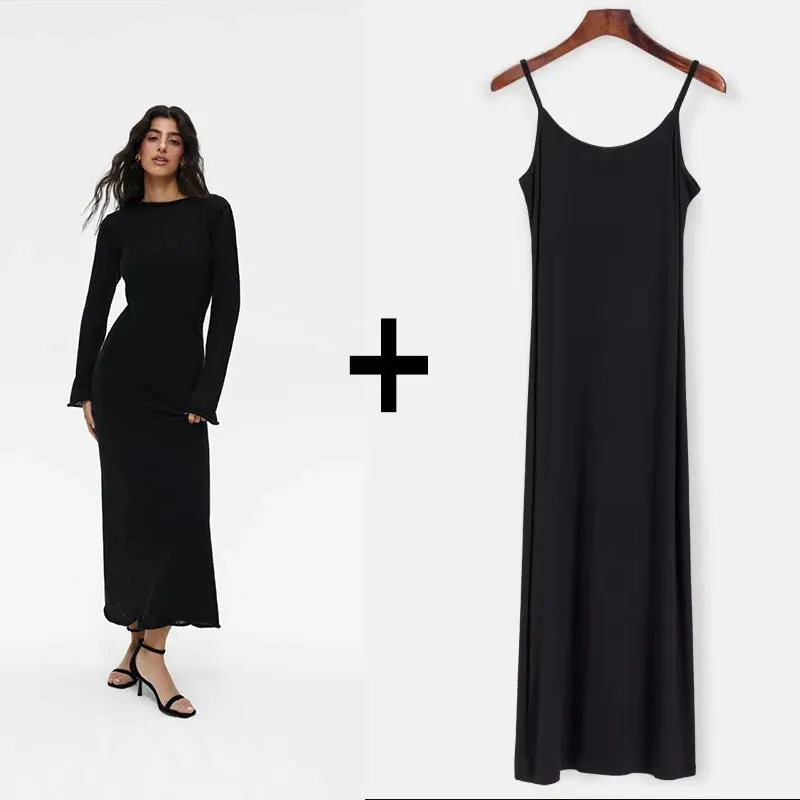LVSANW Hirsionsan Spring Autumn O-Neck Elastic Knit Long Dresses Women 2024 Elegant Chic Soft Lady Hollowing Sweater Dresses Femme New