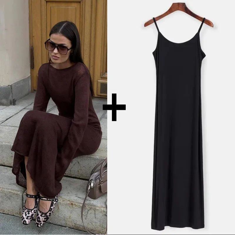 LVSANW Hirsionsan Spring Autumn O-Neck Elastic Knit Long Dresses Women 2024 Elegant Chic Soft Lady Hollowing Sweater Dresses Femme New