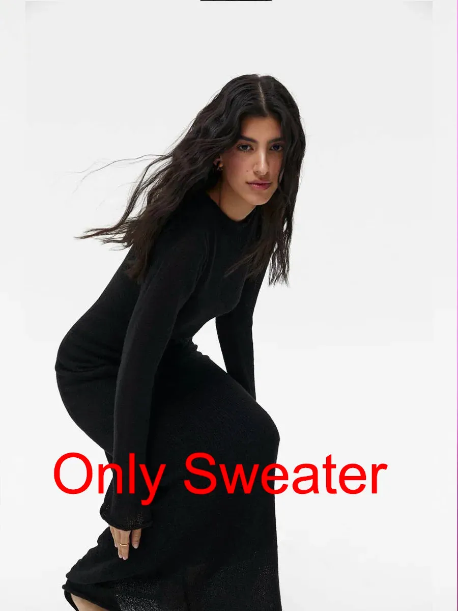 LVSANW Hirsionsan Spring Autumn O-Neck Elastic Knit Long Dresses Women 2024 Elegant Chic Soft Lady Hollowing Sweater Dresses Femme New