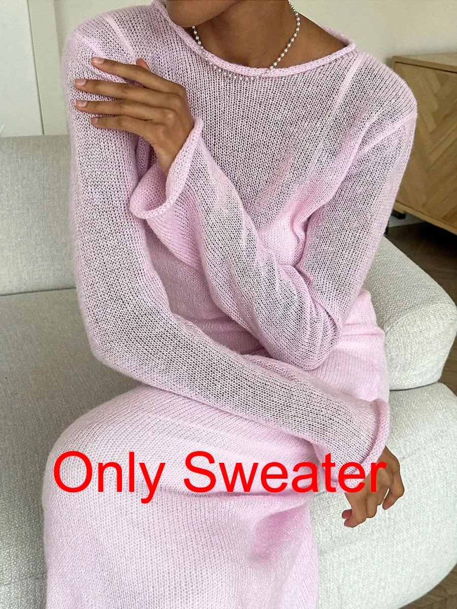 LVSANW Hirsionsan Spring Autumn O-Neck Elastic Knit Long Dresses Women 2024 Elegant Chic Soft Lady Hollowing Sweater Dresses Femme New