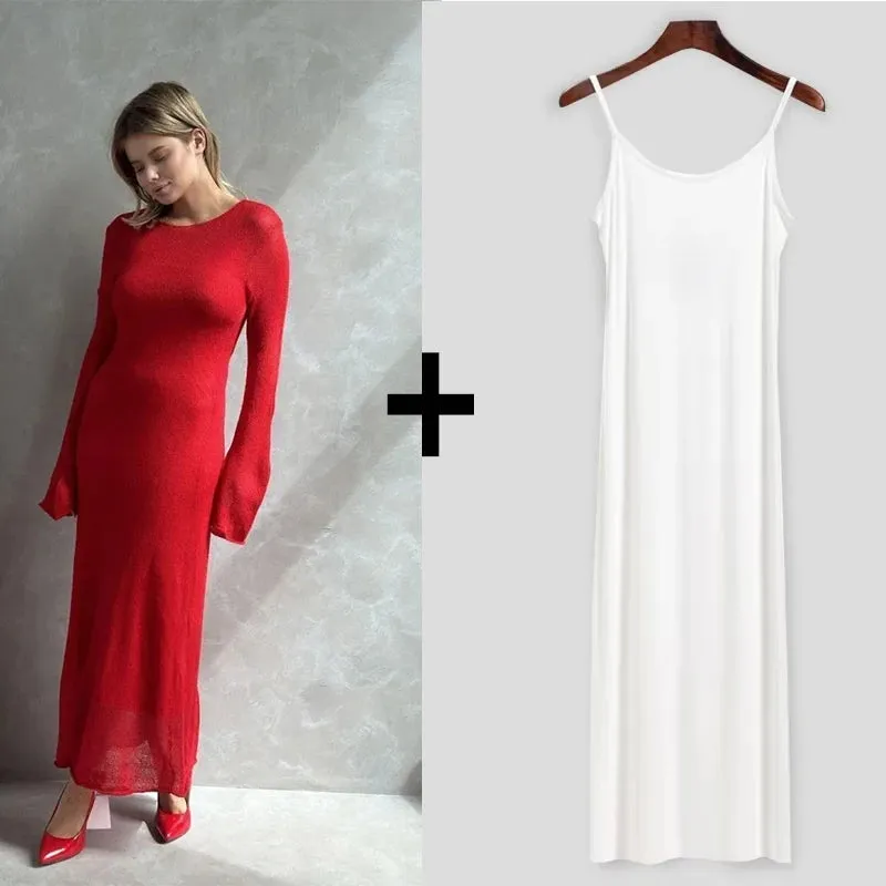 LVSANW Hirsionsan Spring Autumn O-Neck Elastic Knit Long Dresses Women 2024 Elegant Chic Soft Lady Hollowing Sweater Dresses Femme New