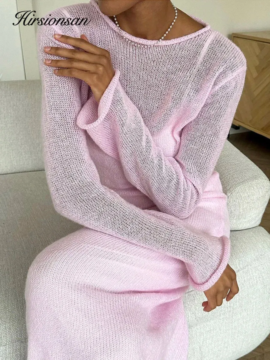 LVSANW Hirsionsan Spring Autumn O-Neck Elastic Knit Long Dresses Women 2024 Elegant Chic Soft Lady Hollowing Sweater Dresses Femme New