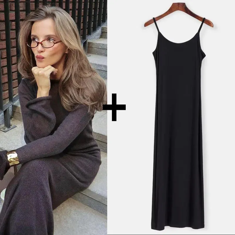 LVSANW Hirsionsan Spring Autumn O-Neck Elastic Knit Long Dresses Women 2024 Elegant Chic Soft Lady Hollowing Sweater Dresses Femme New