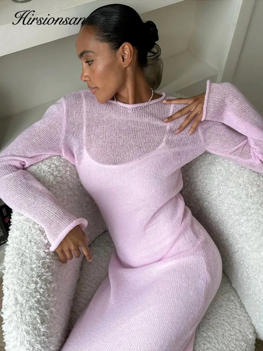 LVSANW Hirsionsan Spring Autumn O-Neck Elastic Knit Long Dresses Women 2024 Elegant Chic Soft Lady Hollowing Sweater Dresses Femme New
