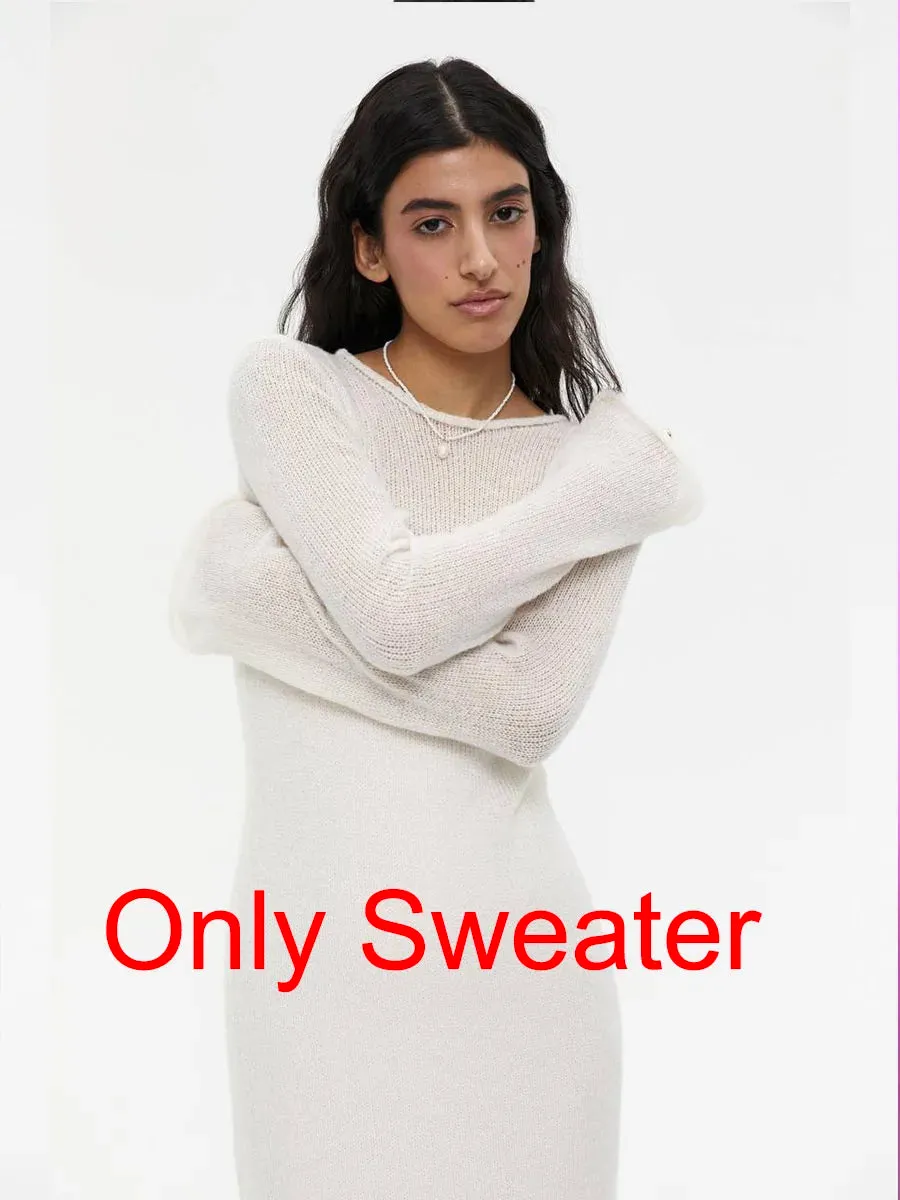 LVSANW Hirsionsan Spring Autumn O-Neck Elastic Knit Long Dresses Women 2024 Elegant Chic Soft Lady Hollowing Sweater Dresses Femme New