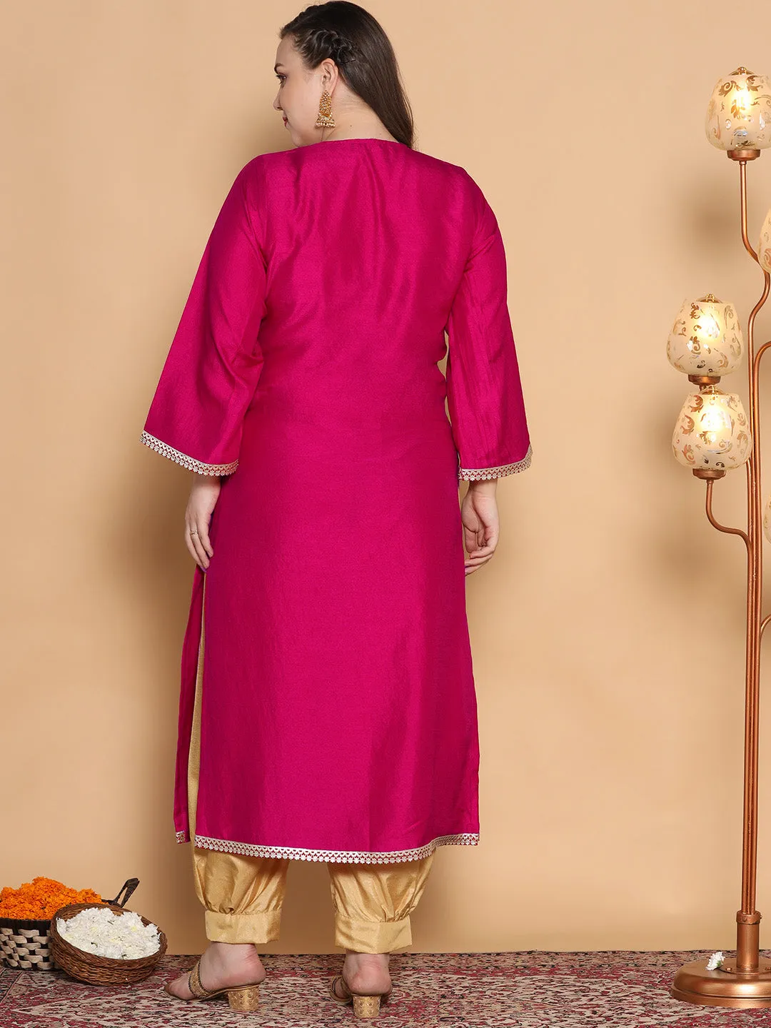 Magenta Silk Embellished Long Kurta