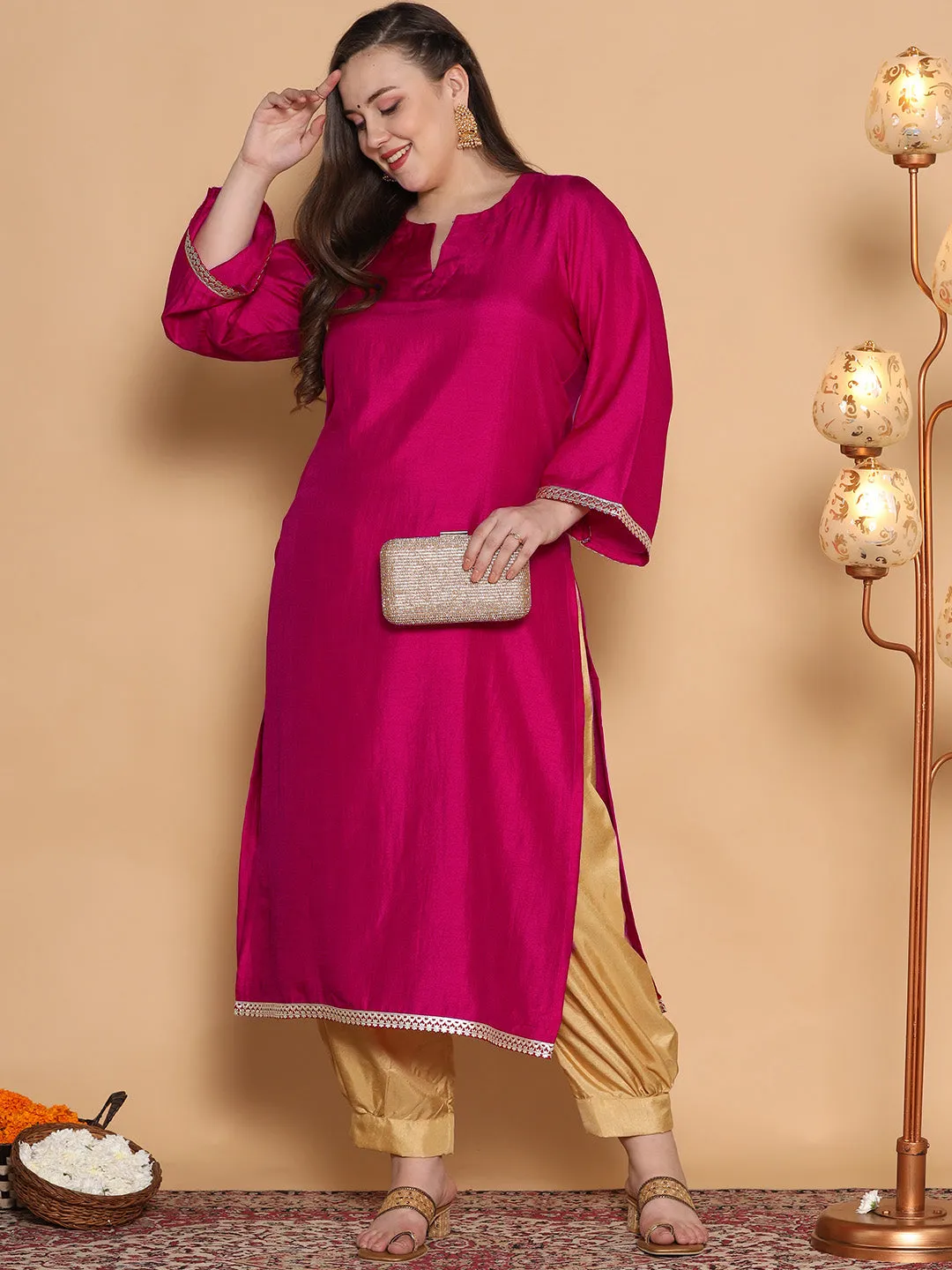 Magenta Silk Embellished Long Kurta