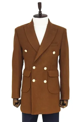 Metal Buttoned Double Breasted Tan Men Coat - Wessi