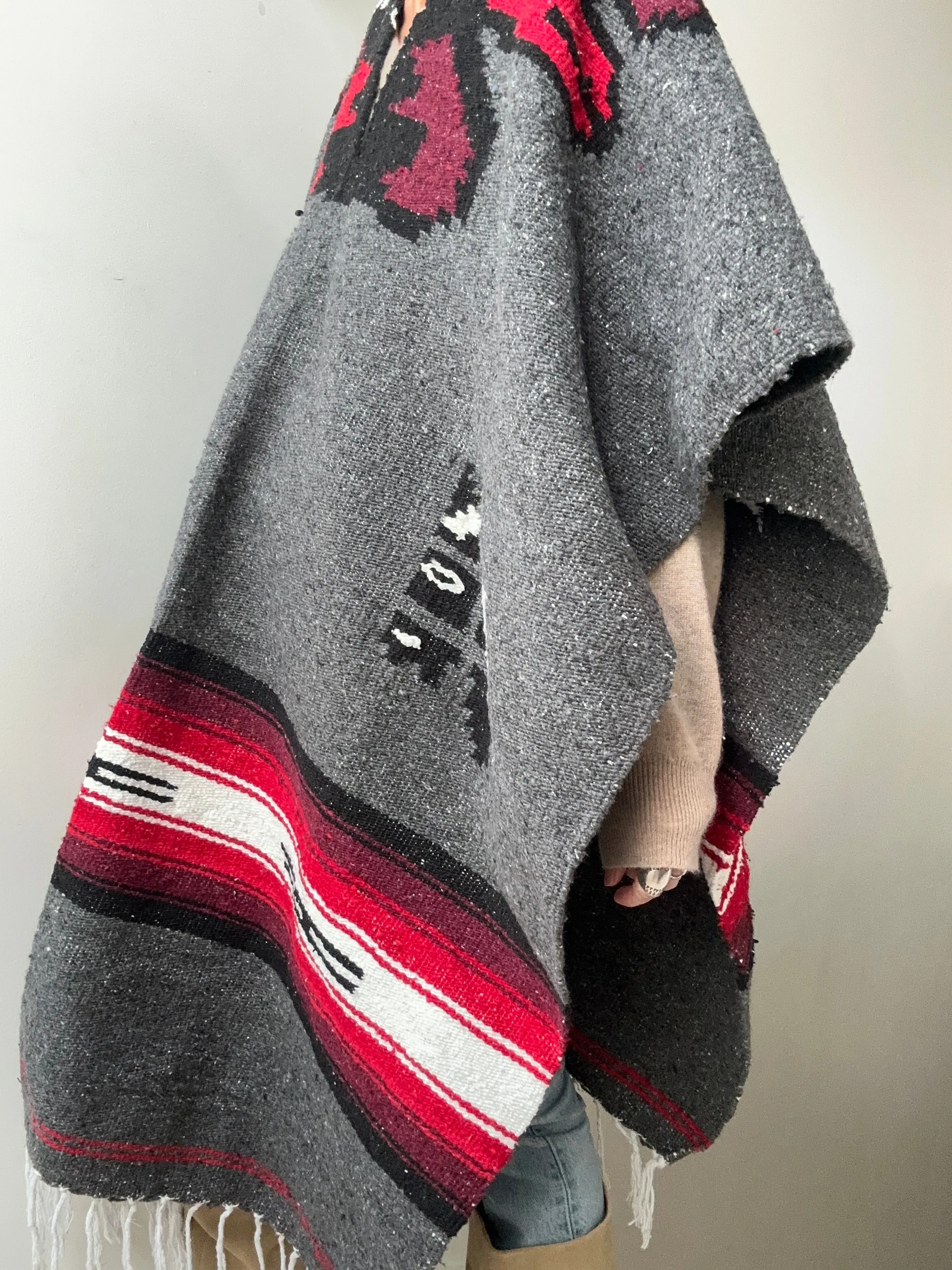 Mexican Poncho Red & Grey