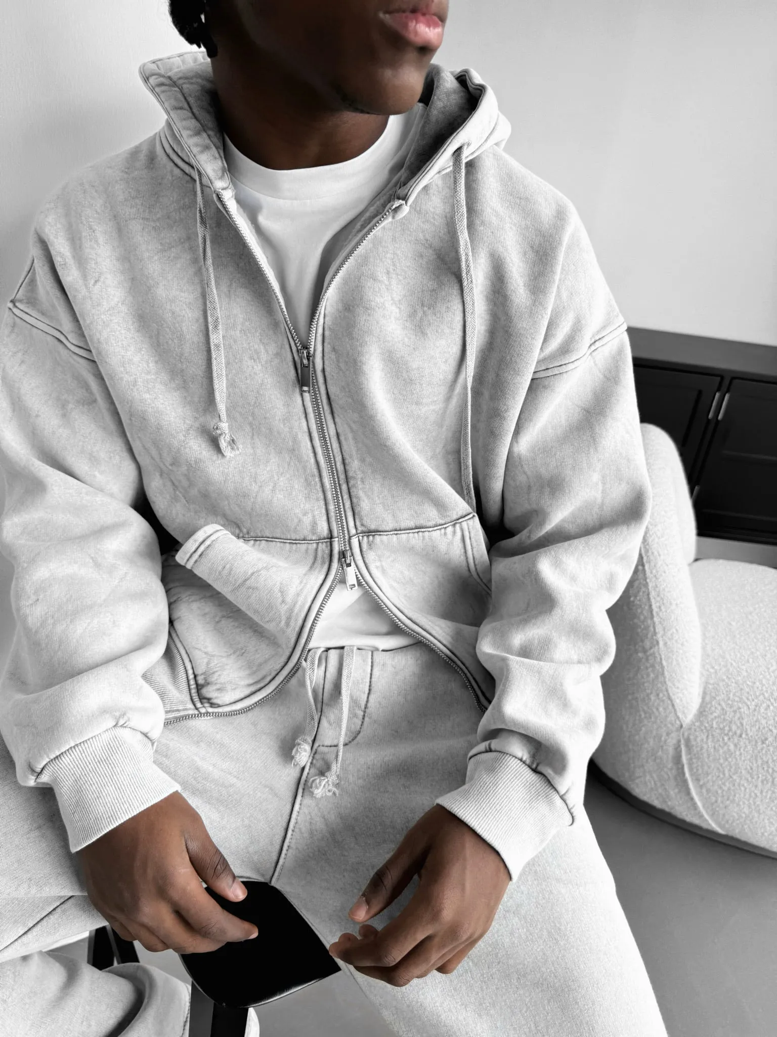 Oversize Washed Zipper Hoodie - Grey