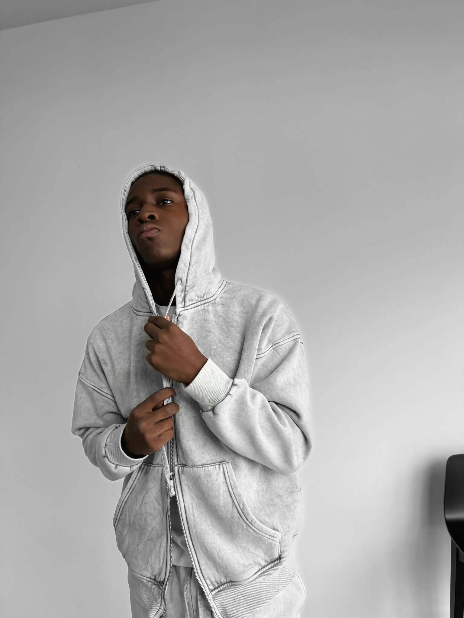 Oversize Washed Zipper Hoodie - Grey