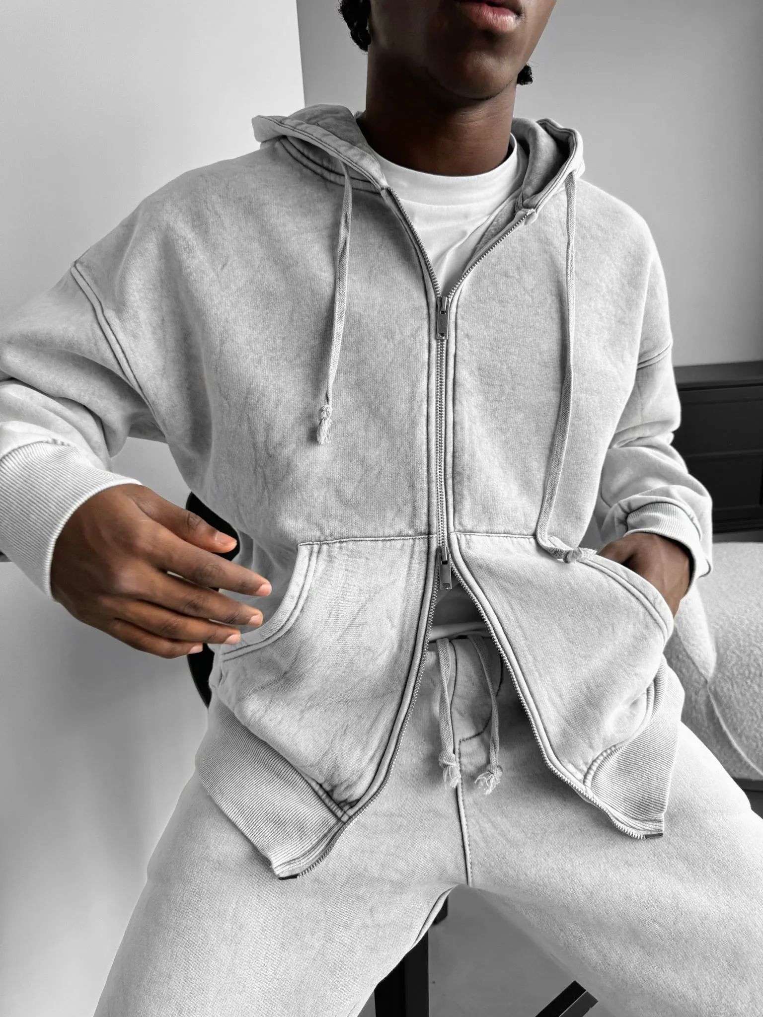 Oversize Washed Zipper Hoodie - Grey