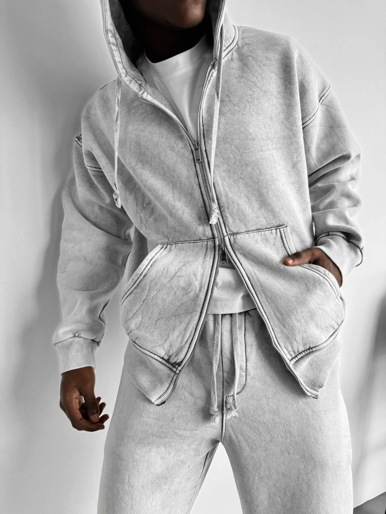 Oversize Washed Zipper Hoodie - Grey
