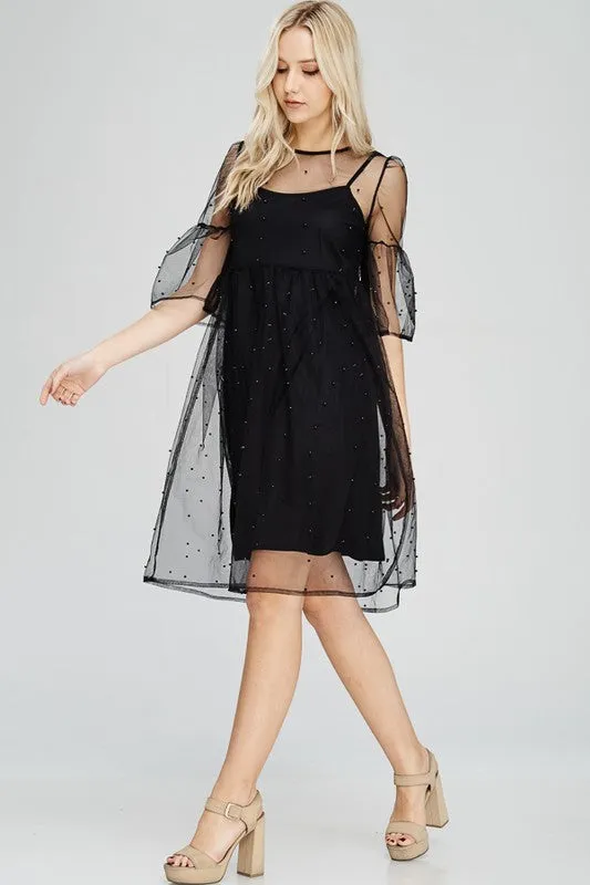 Pearl Embellished Sheer Mesh Dress