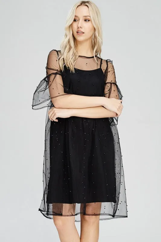 Pearl Embellished Sheer Mesh Dress