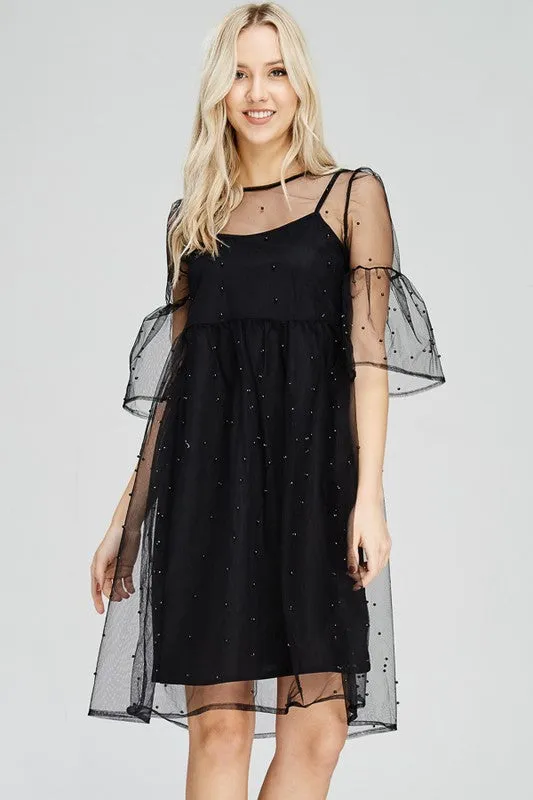 Pearl Embellished Sheer Mesh Dress