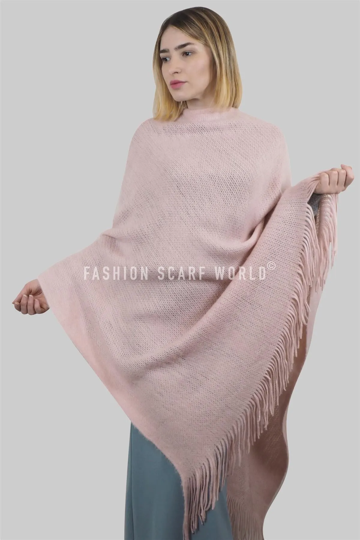 Plain Knitted Tassel Poncho