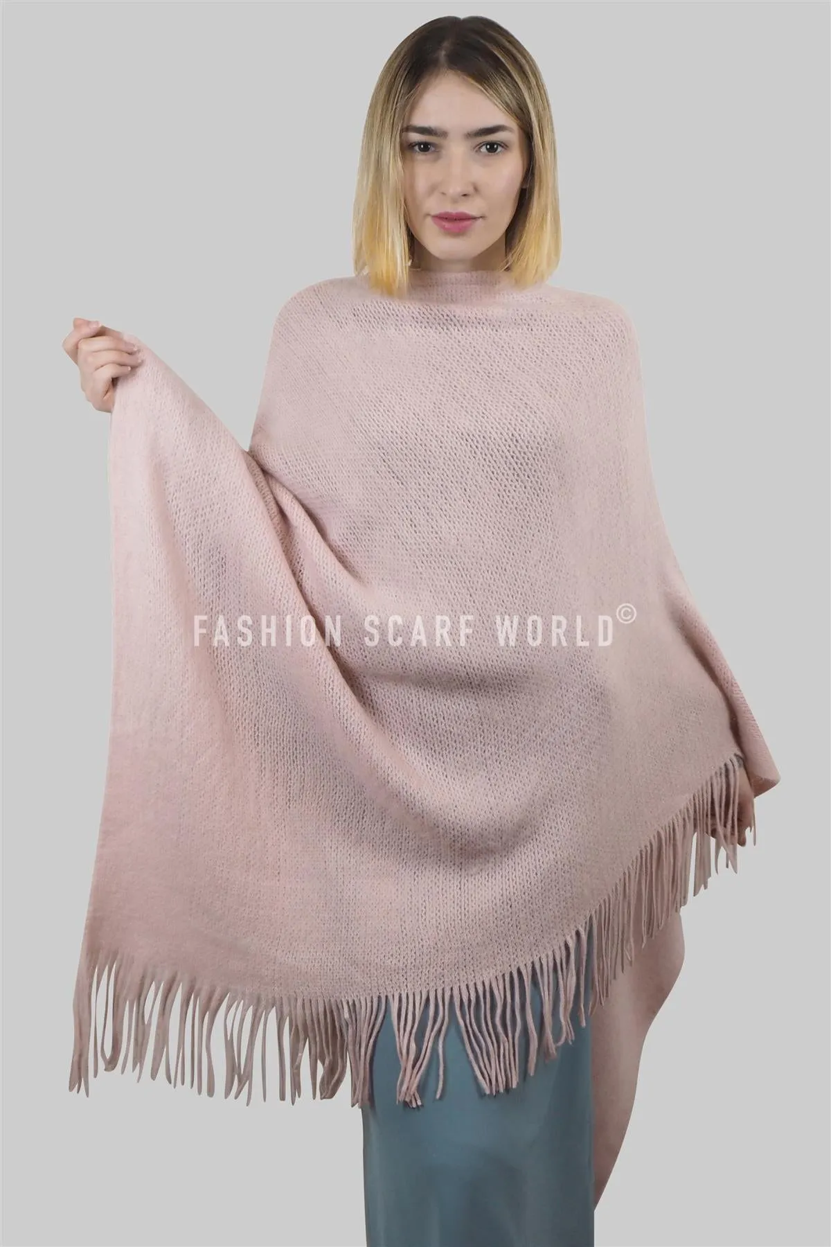 Plain Knitted Tassel Poncho