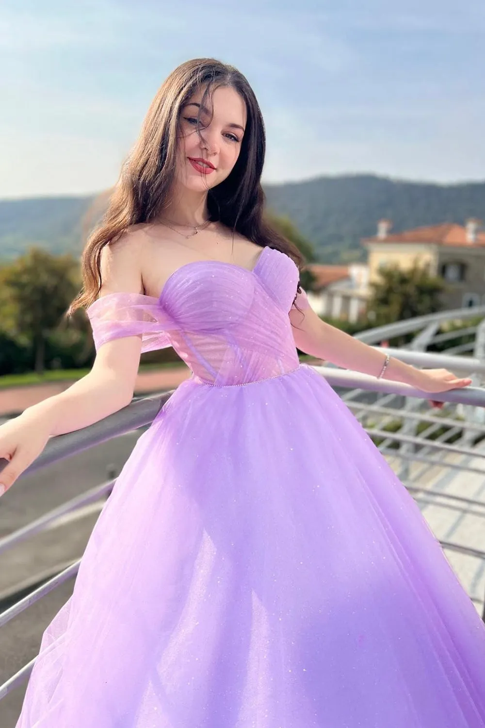 Purple Tulle Long A-Line Prom Dress, Off Shoulder Evening Dress