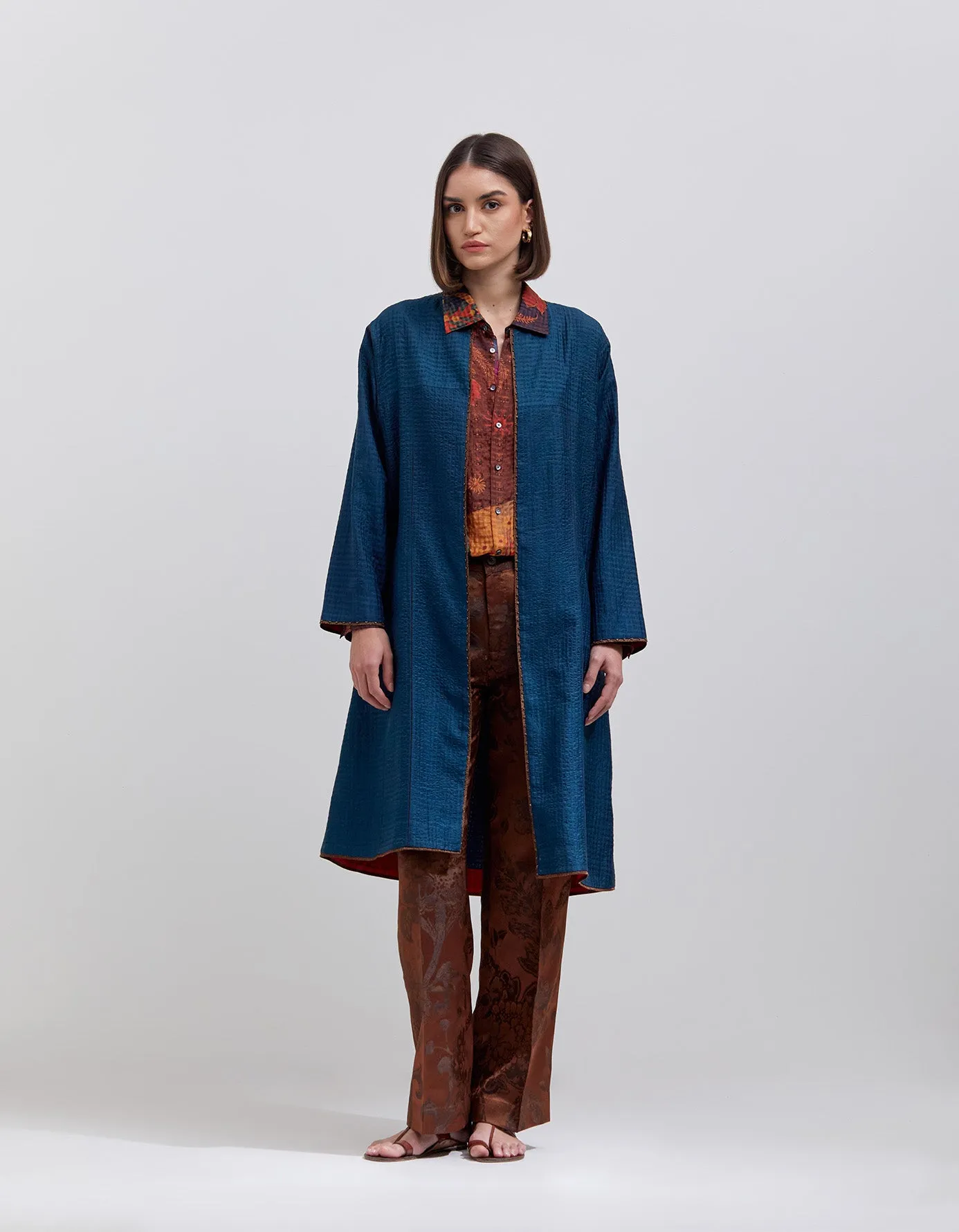 Quilted Jacket Silk Check Teal