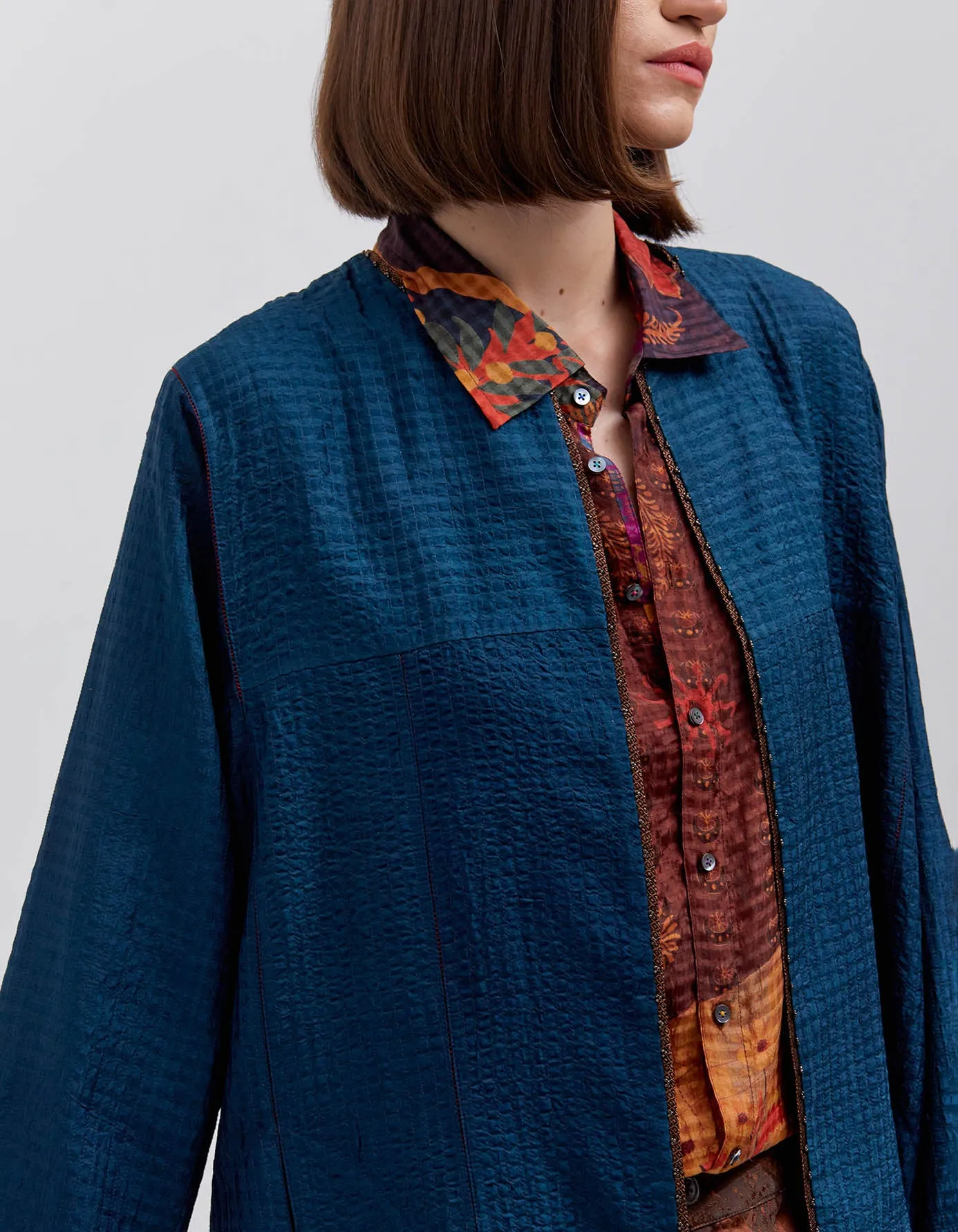 Quilted Jacket Silk Check Teal