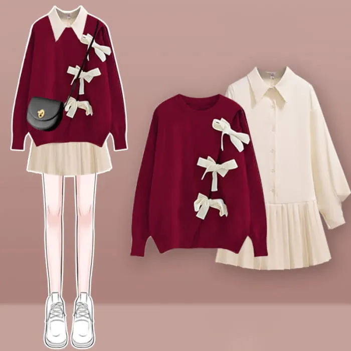 Red Cable Sweater Pleated Shirt Dress Set