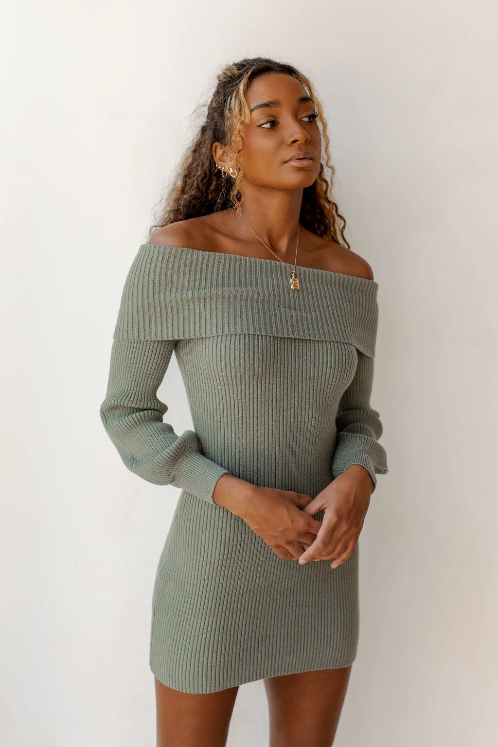 shimmy shoulder sweater dress