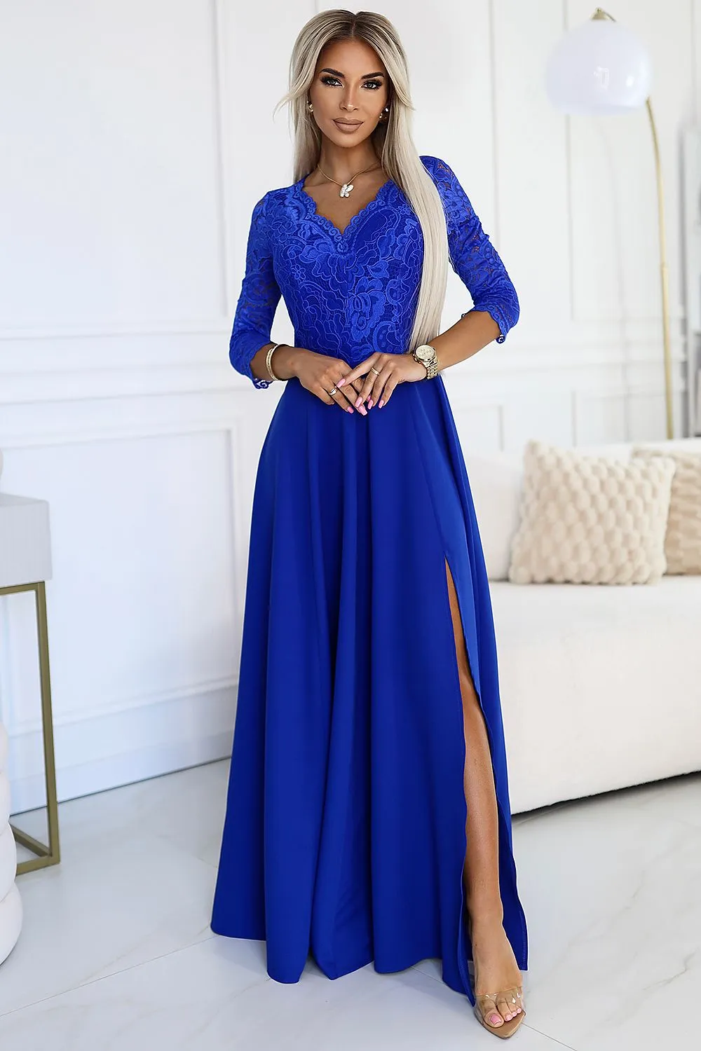 Stylish long lace side slit formal dress