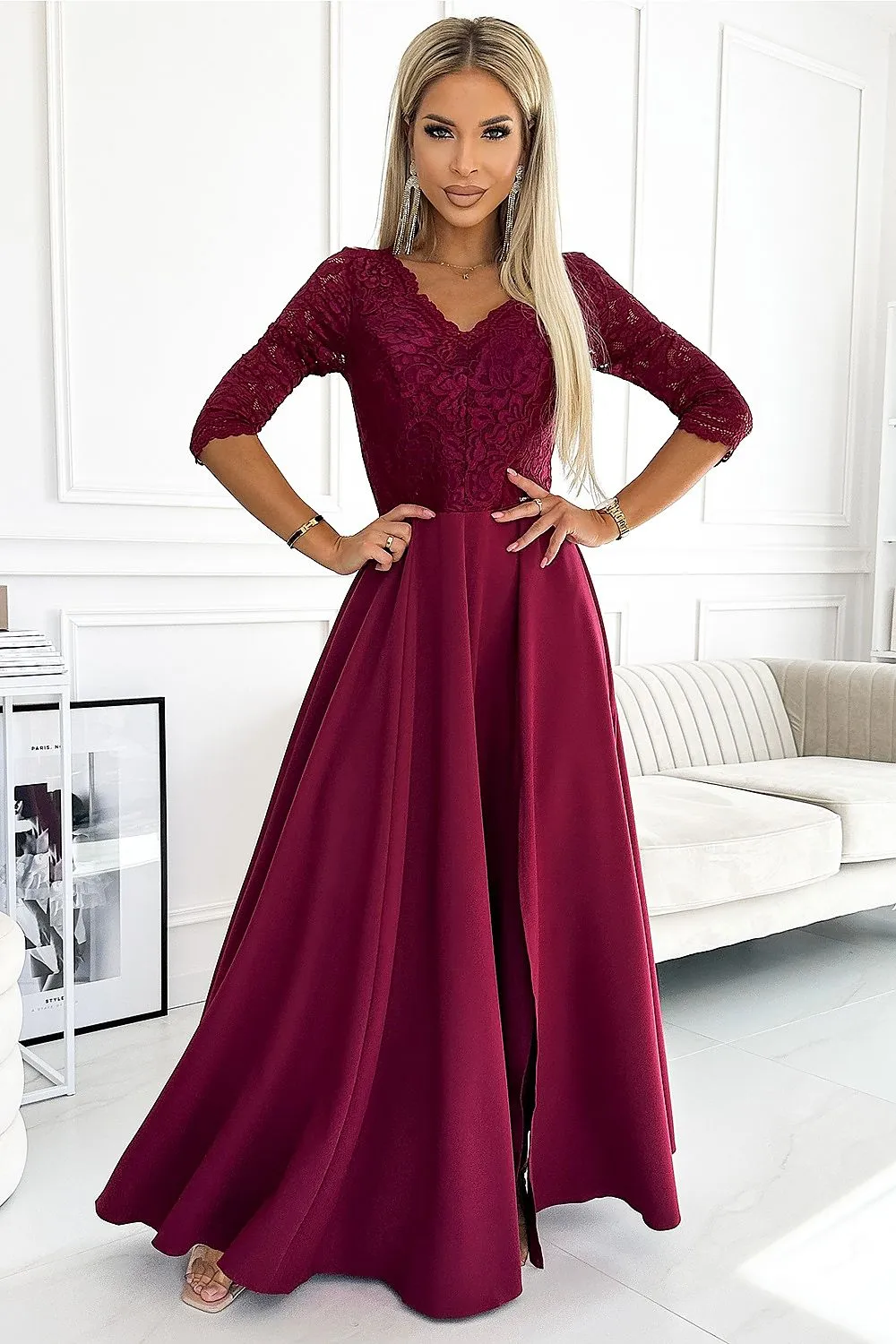 Stylish long lace side slit formal dress