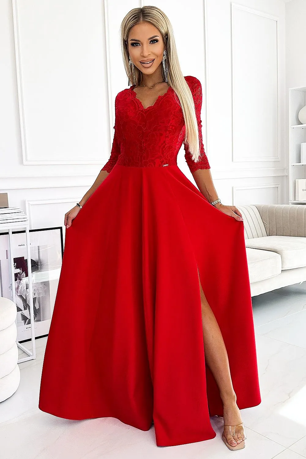 Stylish long lace side slit formal dress