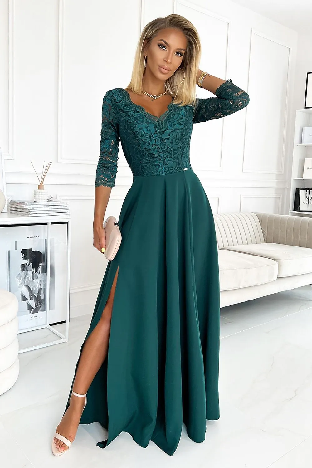 Stylish long lace side slit formal dress