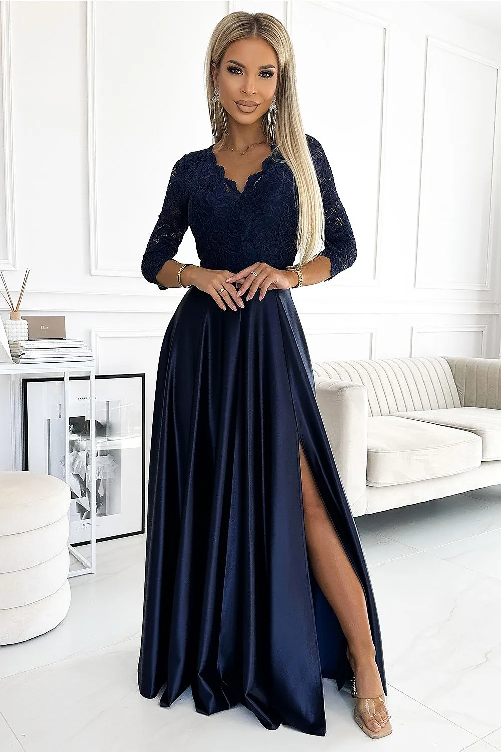 Stylish long lace side slit formal dress
