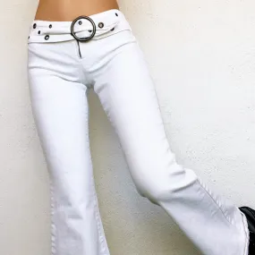 Vintage White Belted Flare Jeans (XS)