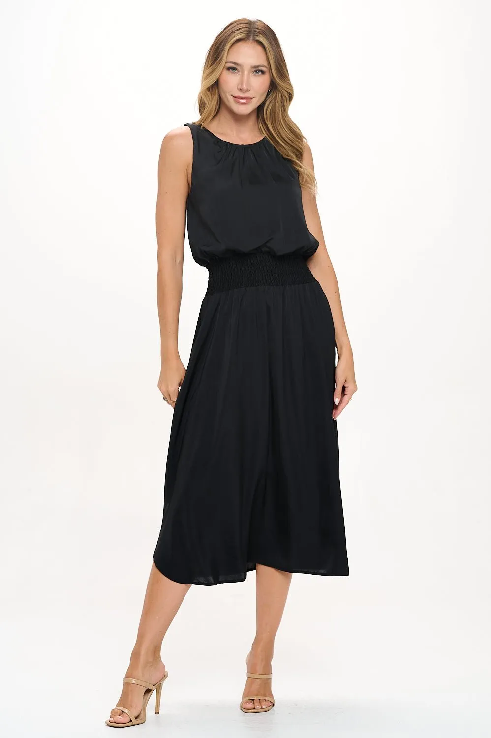 Viviana Smocked-Waist Satin Dress