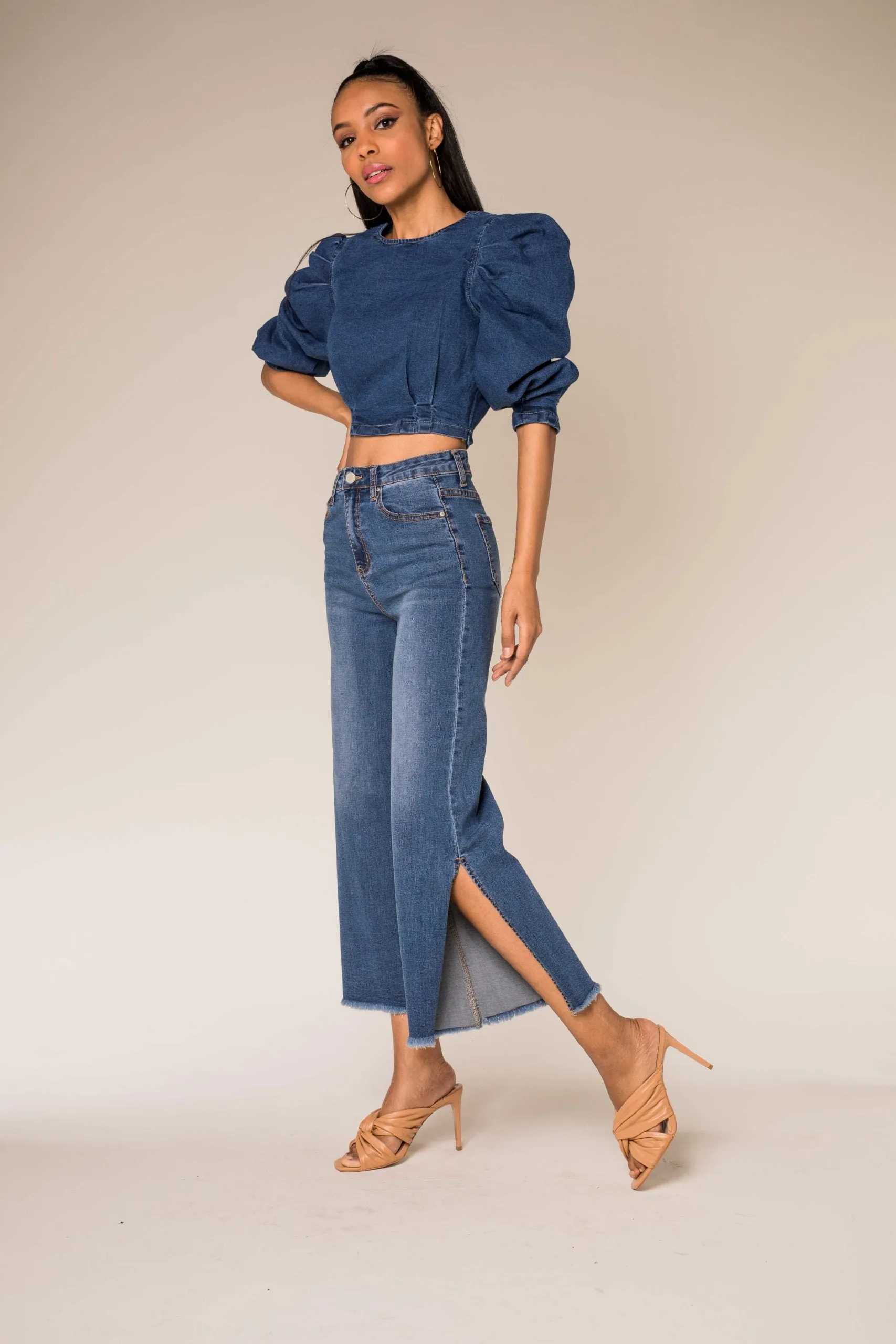 Wholesale Blue Flare Cropped Jeans