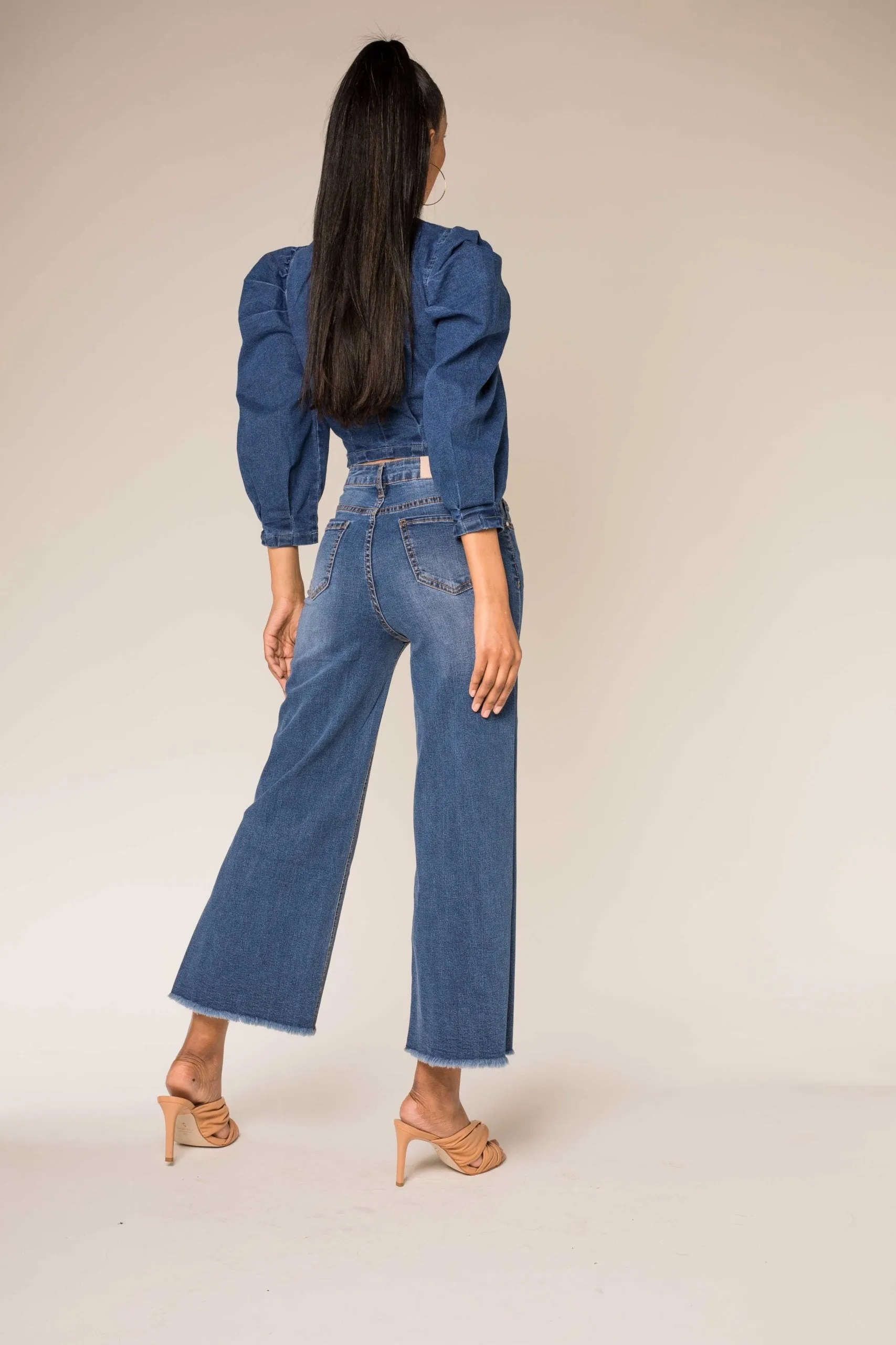 Wholesale Blue Flare Cropped Jeans