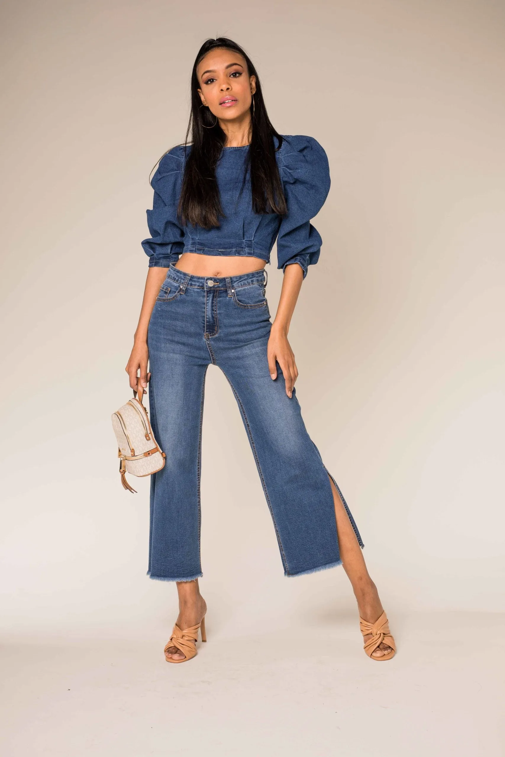 Wholesale Blue Flare Cropped Jeans