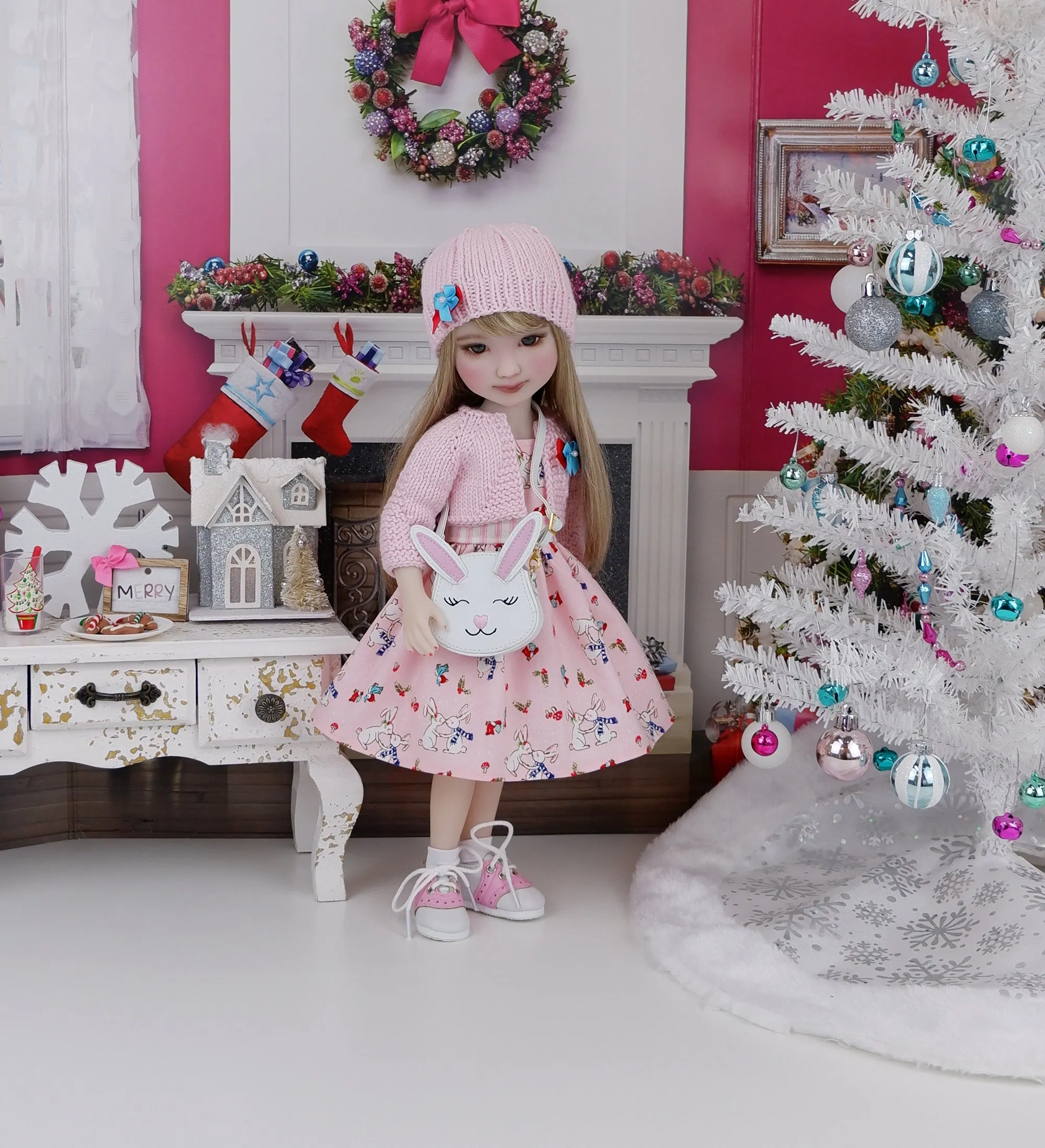 Winter Bunnies - dress and sweater with purse & saddle shoes for Ruby Red Fashion Friends doll